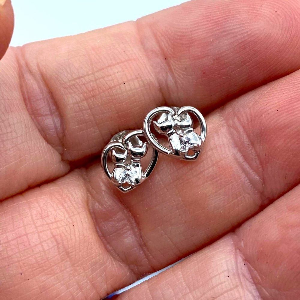 Sterling Silver Cat Heart CZ Earrings